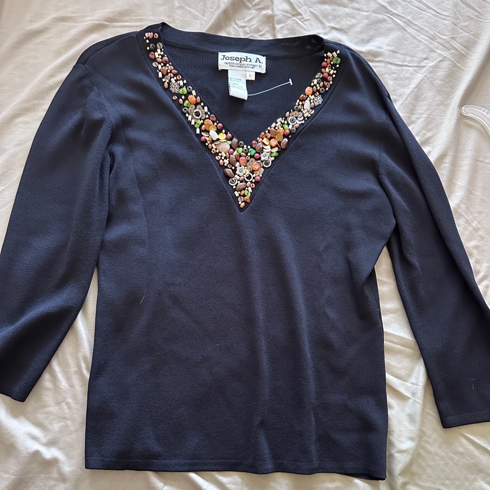 Joseph Black Sweater with Colorful Beaded V-Neck